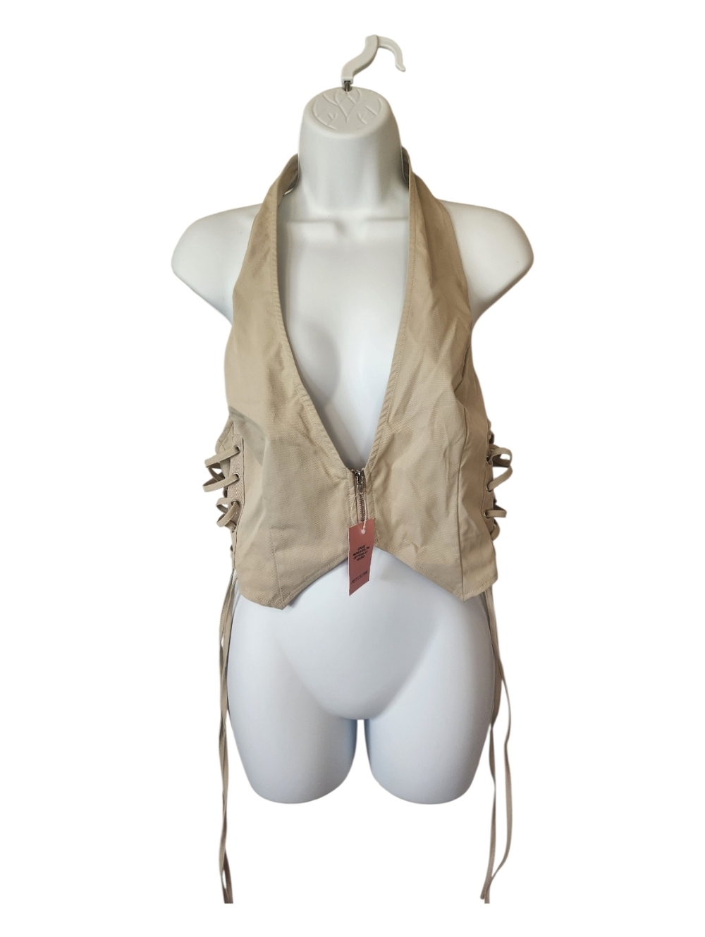 Pretty Little Thing Stone Xargo Lace Zip Up Halter Crop Top. Size 10 - Picture 3 of 11